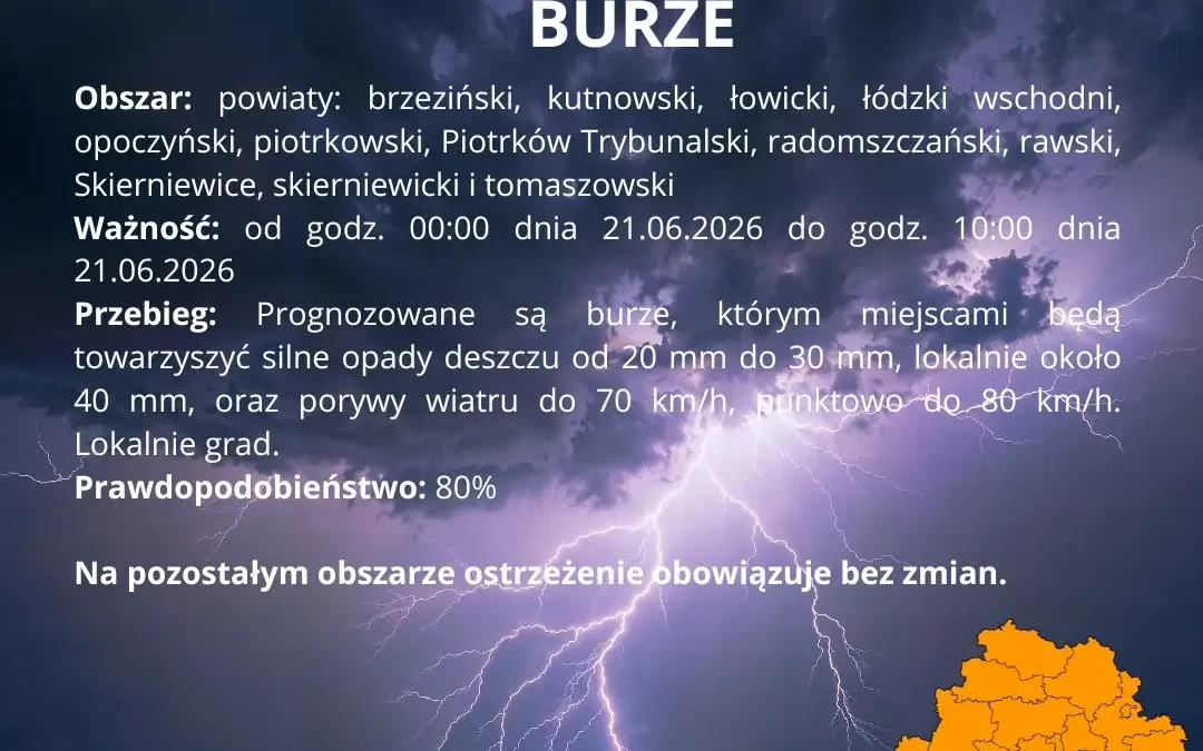 Ostrzeżenie IMGW: burze II stopnia w woj. łódzkim – silne opady i porywy wiatru
