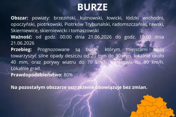 Ostrzeżenie IMGW: burze II stopnia w woj. łódzkim – silne opady i porywy wiatru