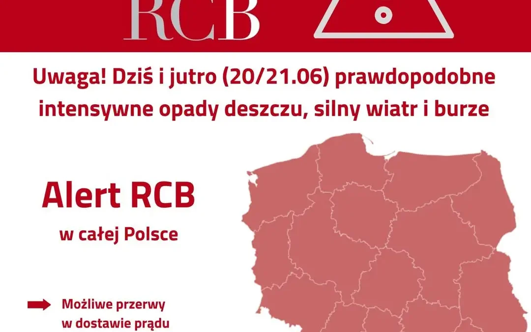 Alert RCB: Intensywne opady, silny wiatr i burze w całej Polsce (20-21 czerwca)
