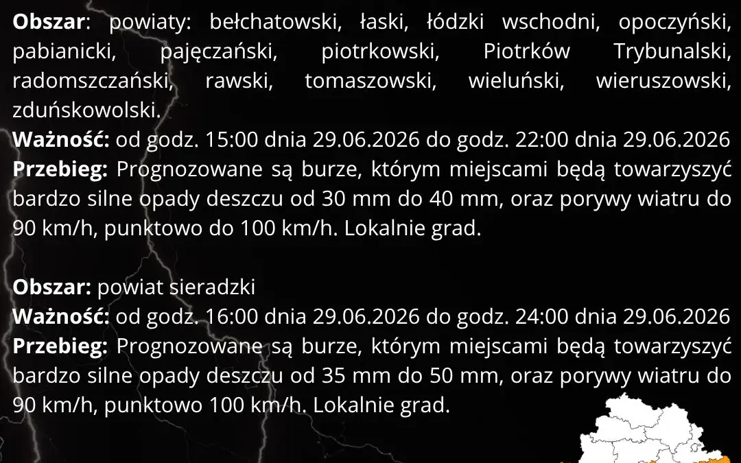 Ostrzeżenie II stopnia przed burzami z gradem i silnym wiatrem w regionie łódzkim