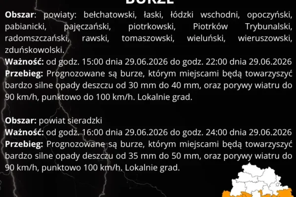 Ostrzeżenie II stopnia przed burzami z gradem i silnym wiatrem w regionie łódzkim