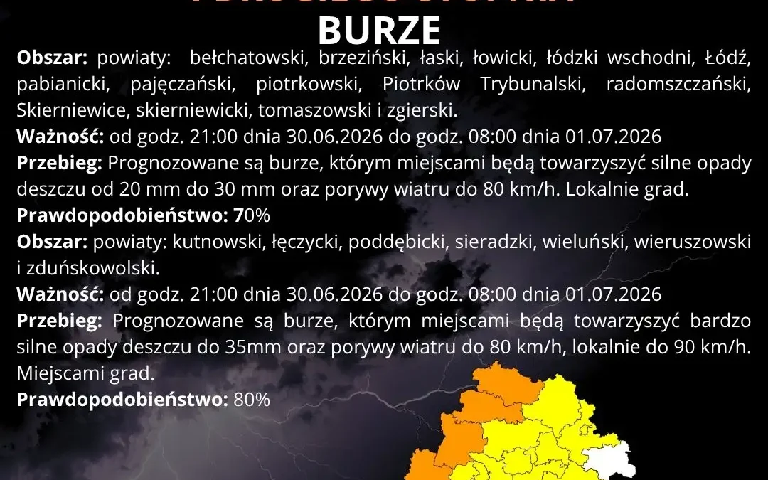 Ostrzeżenia IMGW przed burzami w województwie łódzkim