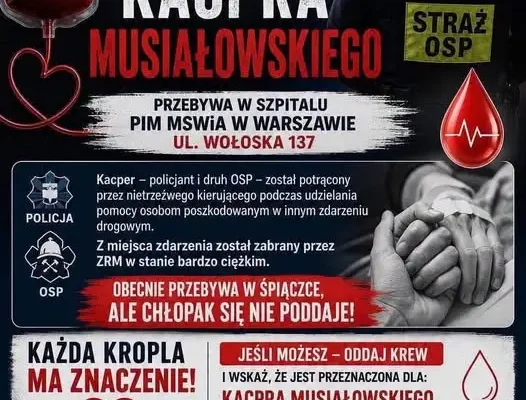 Pilny apel o krew dla rannego policjanta i druha OSP