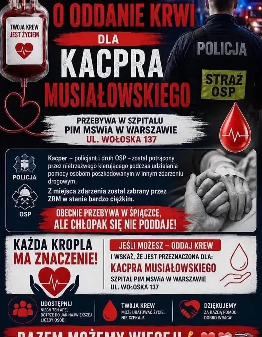 Pilny apel o krew dla rannego policjanta i druha OSP