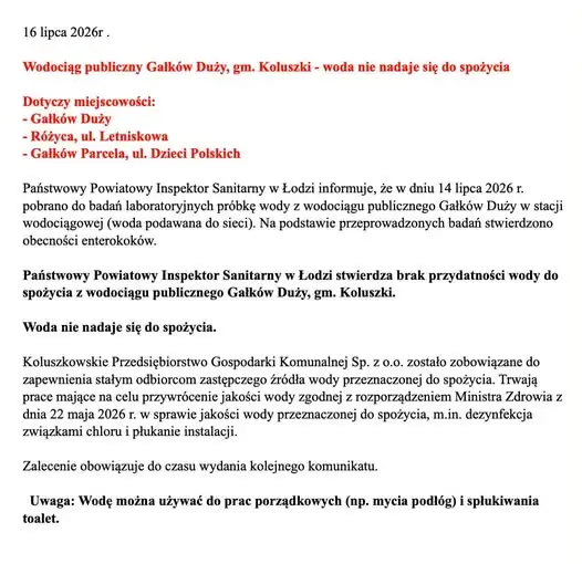 Woda w Gałkowie Dużym i okolicach skażona enterokokami – nie nadaje się do picia