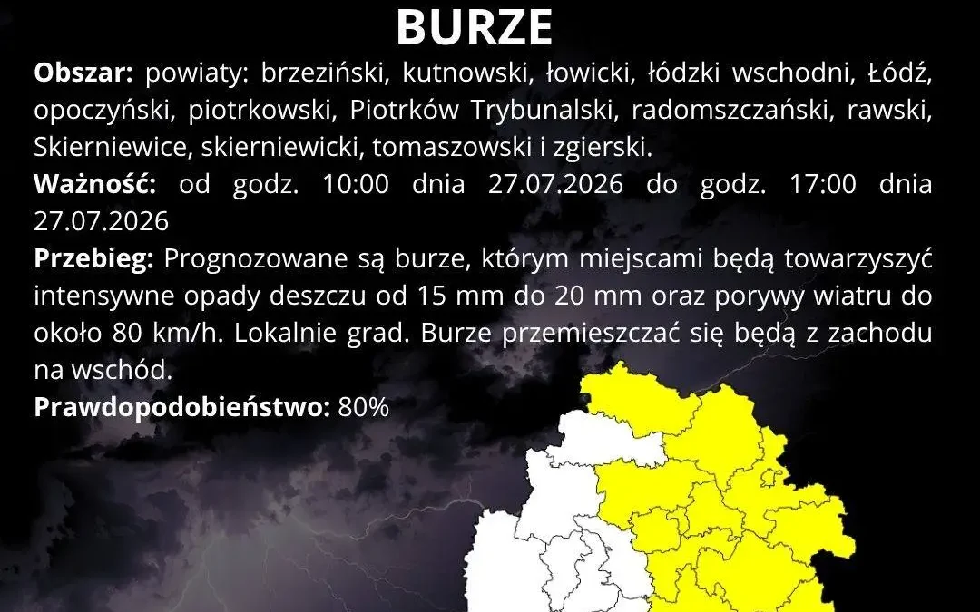 Ostrzeżenie IMGW: burze i silny wiatr w woj. łódzkim 27 lipca