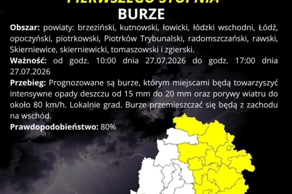 Ostrzeżenie IMGW: Burze I stopnia w województwie łódzkim 27 lipca