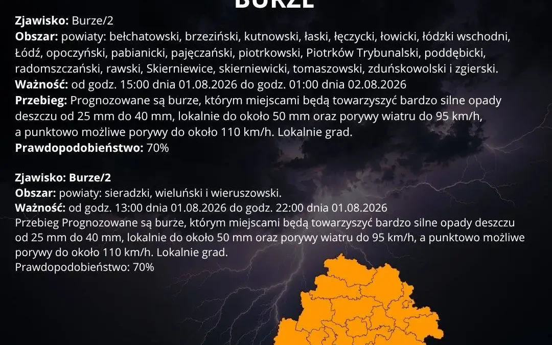 IMGW ostrzega: burze z gradem i silnym wiatrem w regionie łódzkim