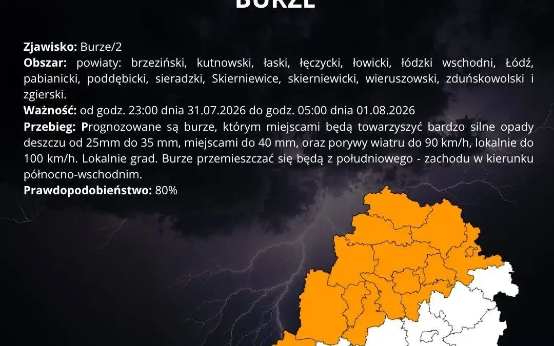 Ostrzeżenie IMGW: Burze drugiego stopnia w regionie łódzkim
