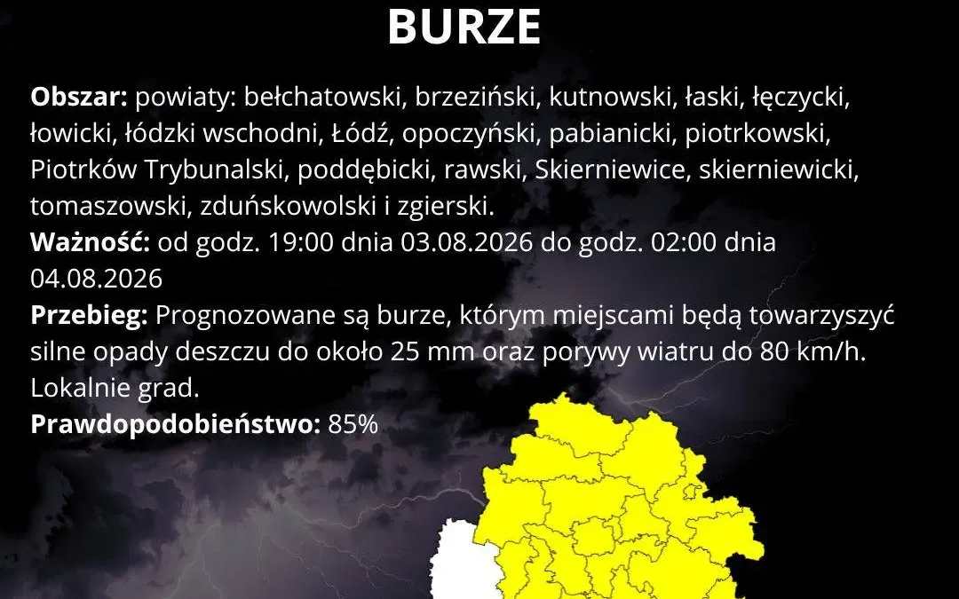 Ostrzeżenie IMGW: Burze z gradem i silnym wiatrem w regionie łódzkim