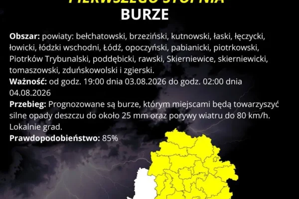 Ostrzeżenie IMGW: Burze z gradem i silnym wiatrem w regionie łódzkim