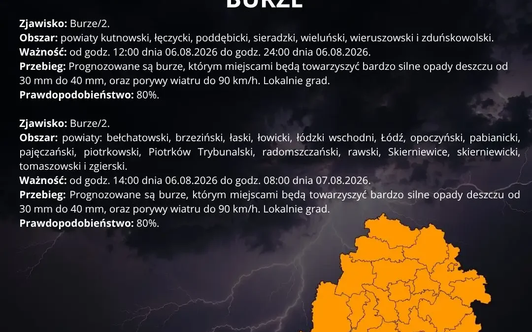 IMGW ostrzega: burze z gradem i silnym wiatrem w regionie łódzkim