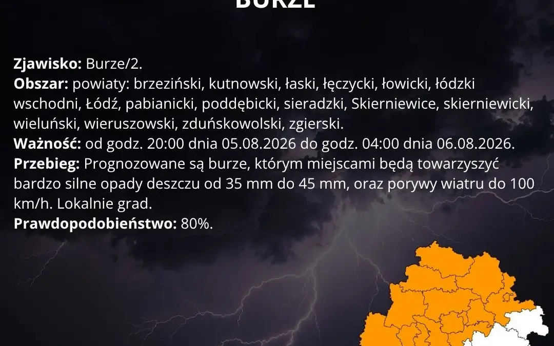 IMGW ostrzega: II stopień zagrożenia burzami w regionie łódzkim