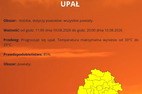 IMGW ostrzega przed upałem w województwie łódzkim – 10 sierpnia nawet 33°C