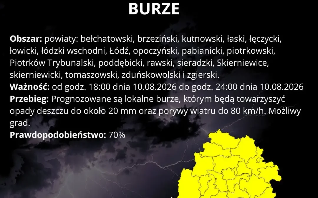Ostrzeżenie IMGW: Burze z gradem i silnym wiatrem w regionie łódzkim