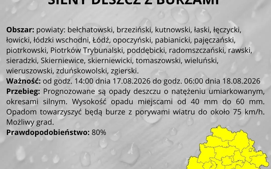 Ostrzeżenie IMGW: silne deszcze i burze w województwie łódzkim
