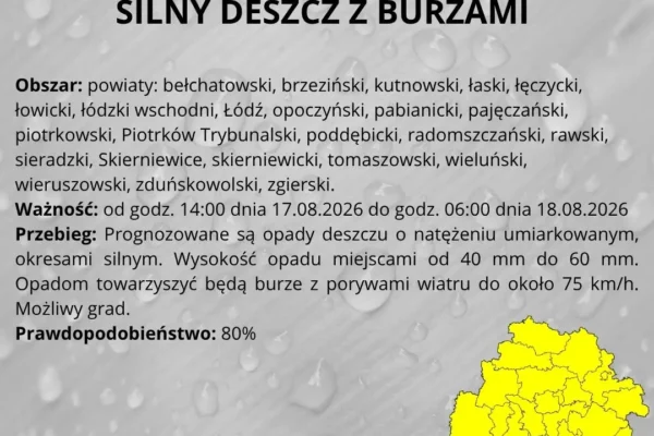 Ostrzeżenie IMGW: silne deszcze i burze w województwie łódzkim