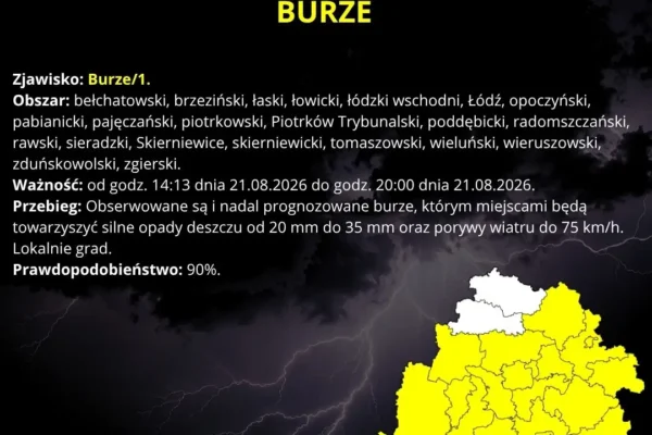 Ostrzeżenie IMGW: Burze z gradem i silnym wiatrem w regionie łódzkim