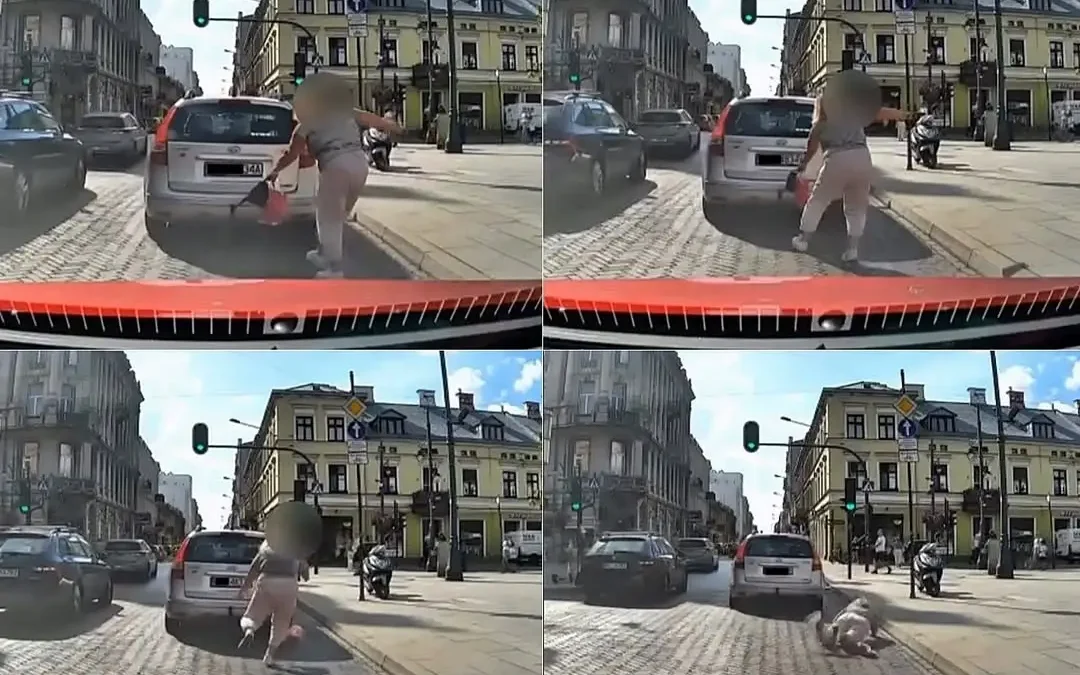Kobieta zahaczona przez samochód na ul. Jaracza w Łodzi – nagranie w sieci
