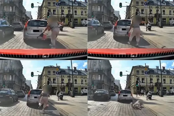 Kobieta zahaczona przez samochód na ul. Jaracza w Łodzi – nagranie w sieci