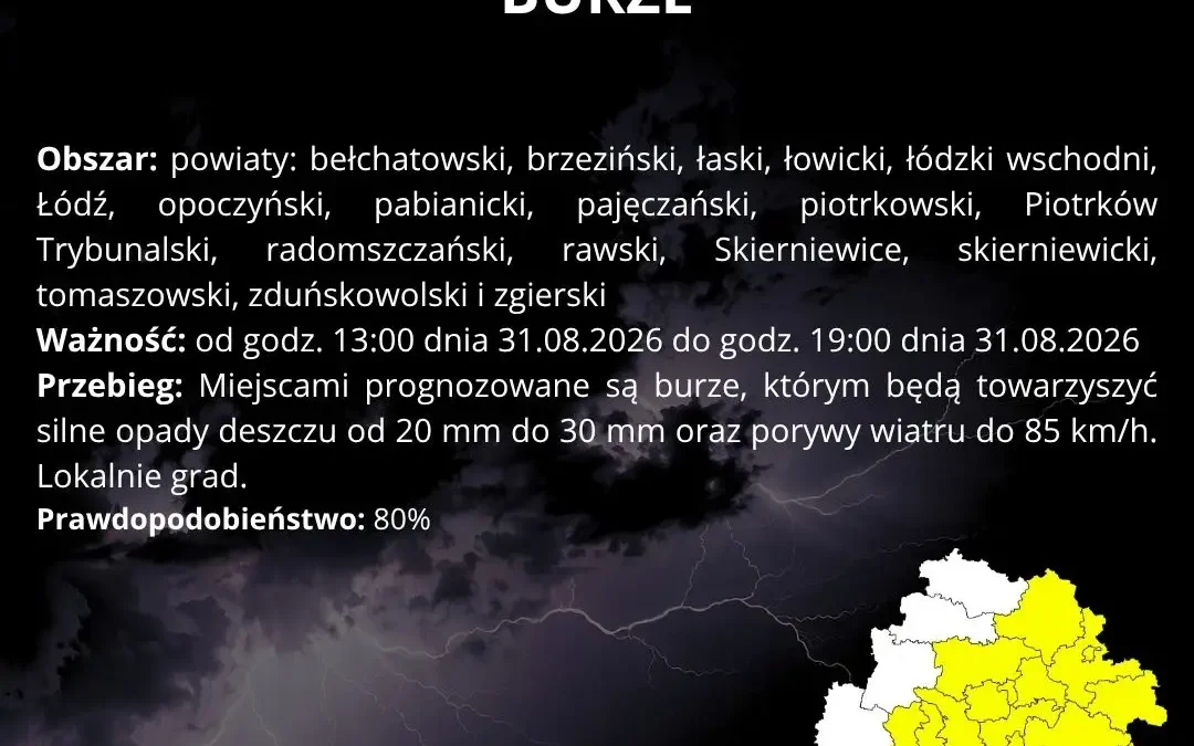 Ostrzeżenie IMGW: burze z gradem i silnym wiatrem w regionie łódzkim