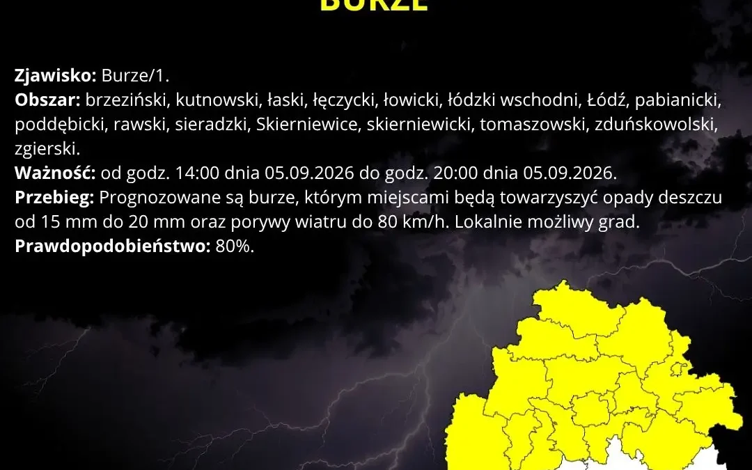 Ostrzeżenie IMGW: Burze z gradem i silnym wiatrem na terenie województwa łódzkiego