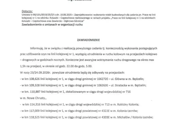 Nocne utrudnienia na przejazdach kolejowych w regionie – szlifowanie szyn na linii nr 1