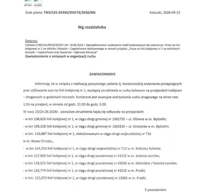 Nocne utrudnienia na przejazdach kolejowych w regionie – szlifowanie szyn na linii nr 1