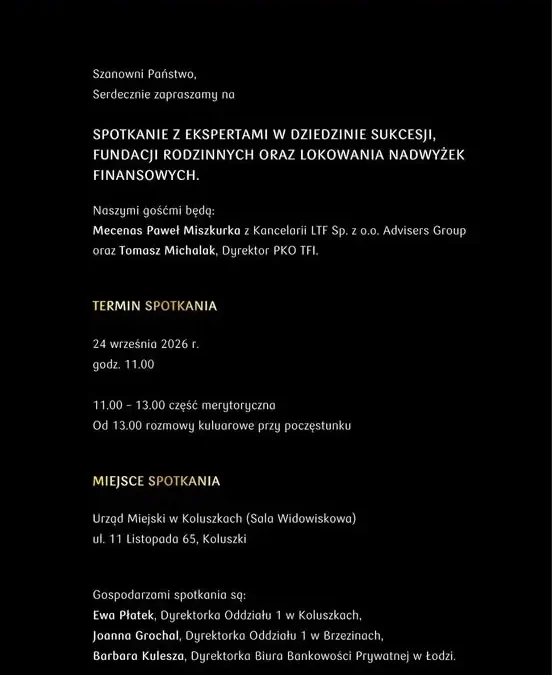 PKO BP zaprasza do Koluszek na spotkanie o sukcesji i fundacjach rodzinnych