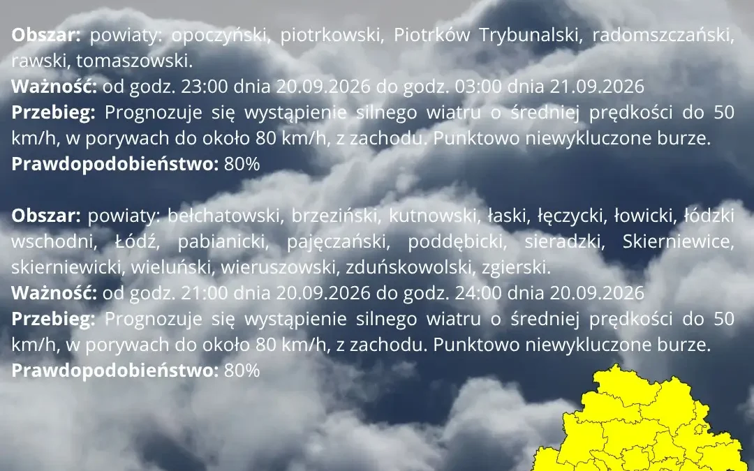 IMGW ostrzega: silny wiatr nad województwem łódzkim. W porywach do 80 km/h