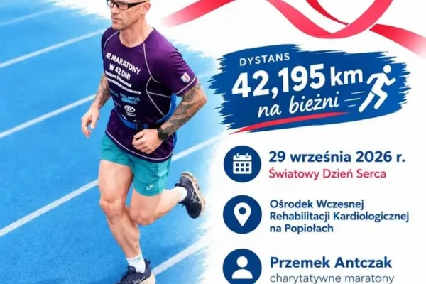 Bieg maratoński na bieżni w Łodzi. Przemysław Antczak promuje profilaktykę raka jelita grubego