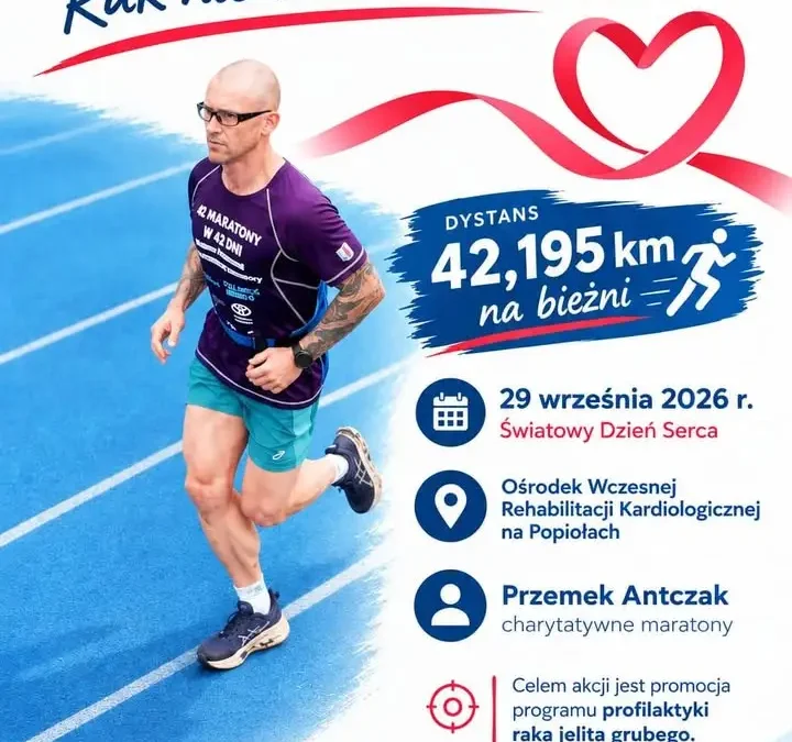 Bieg maratoński na bieżni w Łodzi. Przemysław Antczak promuje profilaktykę raka jelita grubego